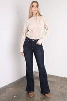 Artemis High Rise Flare Jeans – Side Slit Detail, Stretch Denim, Dark Stone Wash - The Elevated Hippie