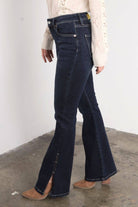 Artemis High Rise Flare Jeans – Side Slit Detail, Stretch Denim, Dark Stone Wash - The Elevated Hippie