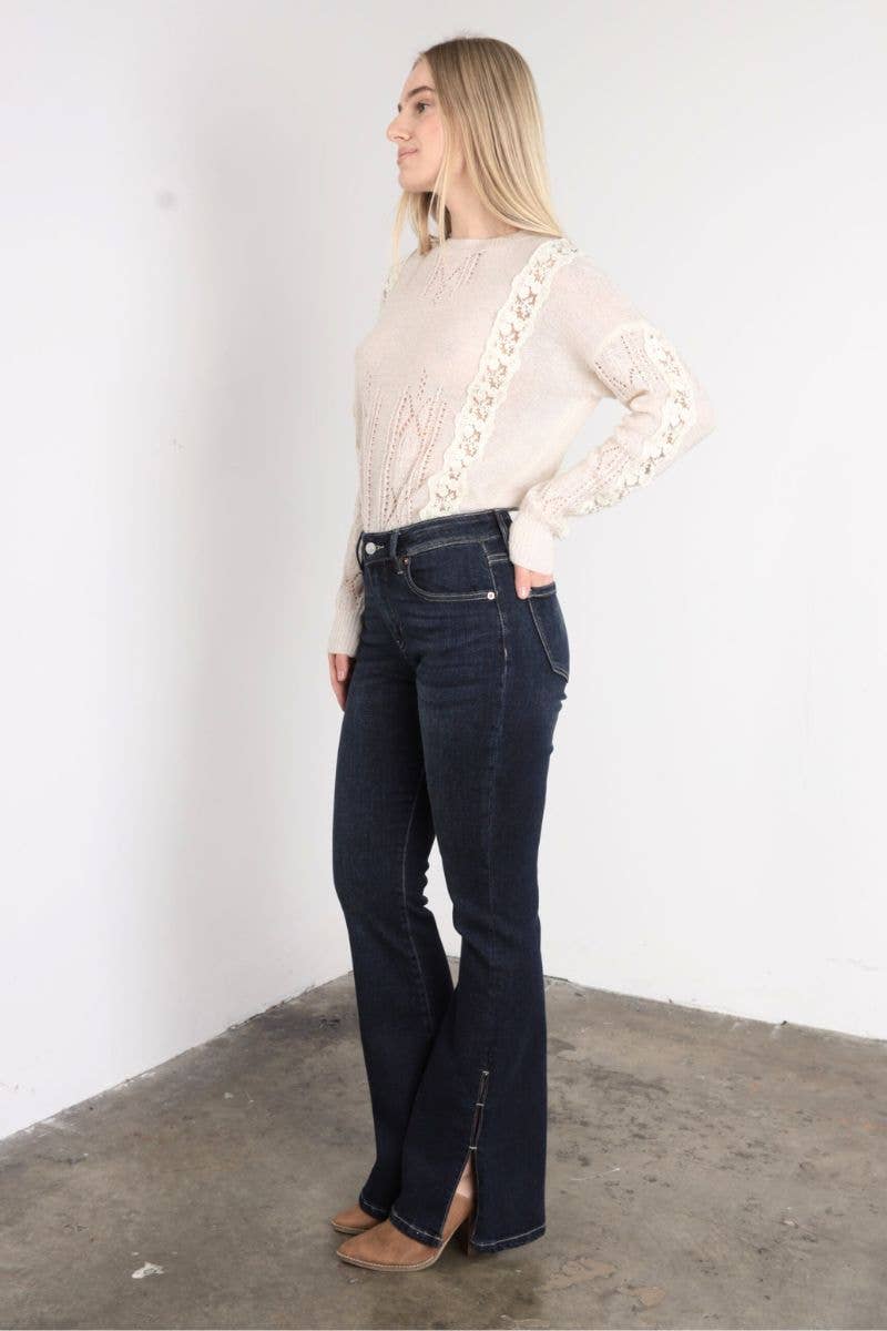 Artemis High Rise Flare Jeans – Side Slit Detail, Stretch Denim, Dark Stone Wash - The Elevated Hippie