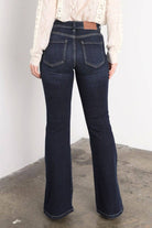Artemis High Rise Flare Jeans – Side Slit Detail, Stretch Denim, Dark Stone Wash - The Elevated Hippie