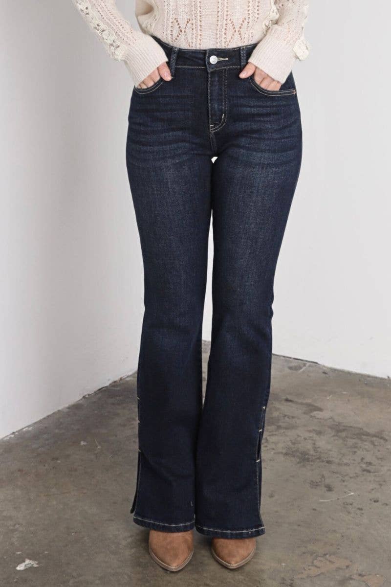 Artemis High Rise Flare Jeans – Side Slit Detail, Stretch Denim, Dark Stone Wash - The Elevated Hippie