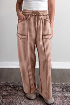 Brown Plaid Drawstring Elastic Waist Pants