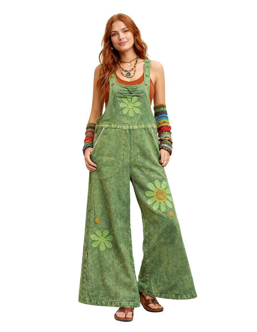 Boho Daisy Flower Embroidered Solid Cotton Hippie Overall boho clothing, festival outfit, hippie style apparel | Elevated Hippie