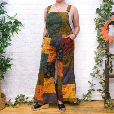 Patchwork Vibrant Wide Leg Cotton Jumpsuit: Celestial / One Size - The Elevated Hippie