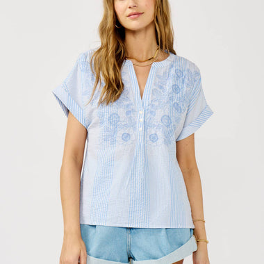 Striped Henley Embroidered Top - The Elevated Hippie