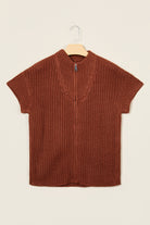 Cinnamon Short Sleeve Zip Knit High Neck Sweater