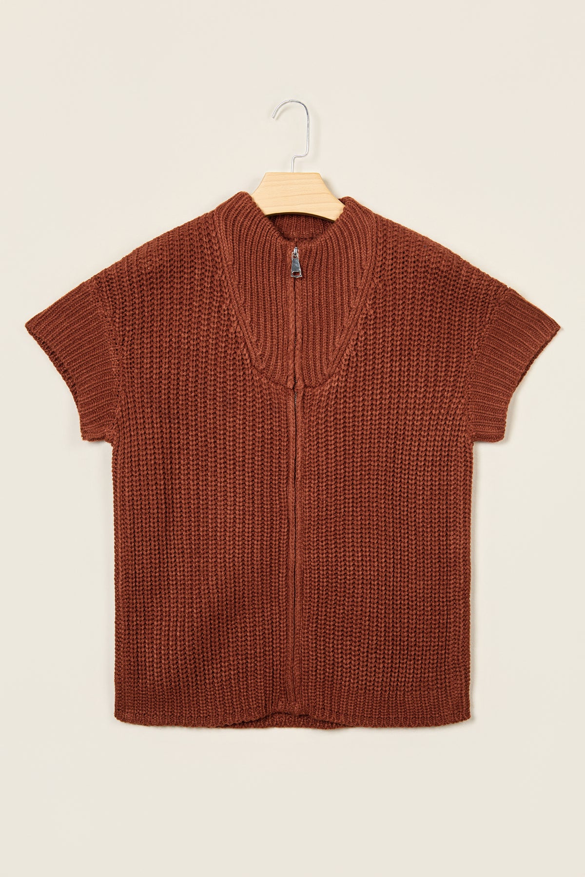 Cinnamon Short Sleeve Zip Knit High Neck Sweater