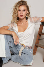 Boho Lace V-Neck Tee – Relaxed Fit Half Sleeve Top – Feminine Lace Detail – Easy Everyday Style – Multiple Sizes - The Elevated Hippie