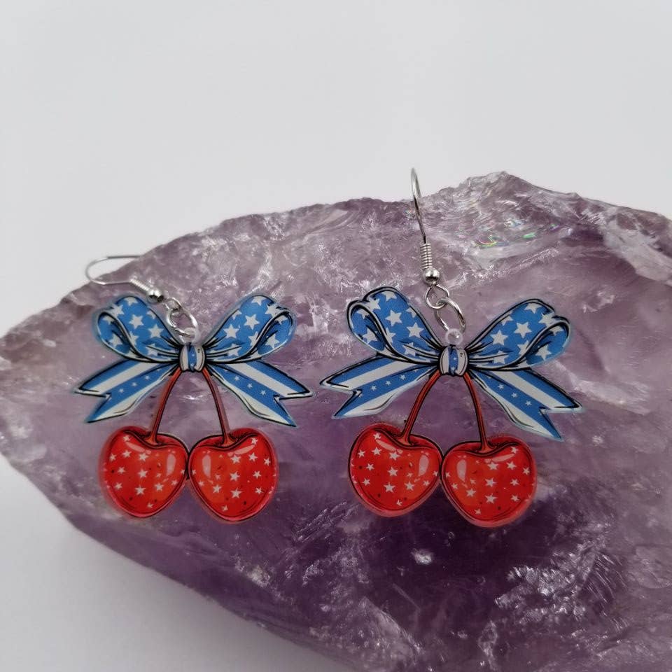 Patriotic Bow Cherry Earrings - 4th of July boho clothing, festival outfit, hippie style apparel | Elevated Hippie