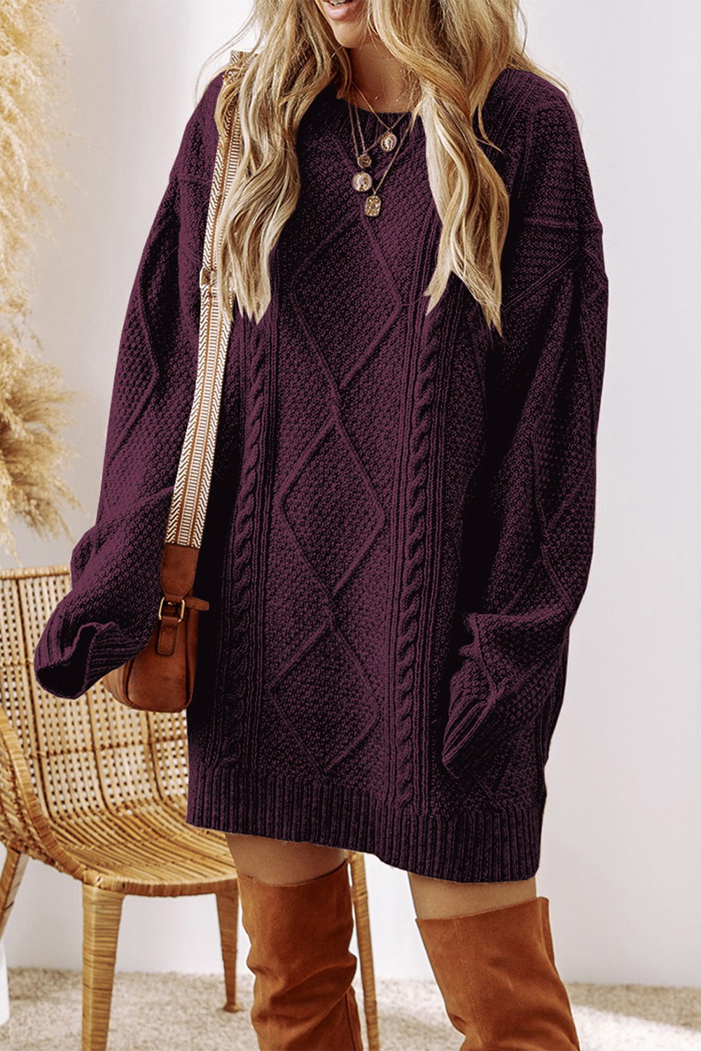 Burgundy Cable Knit Drop Shoulder Sweater Dress