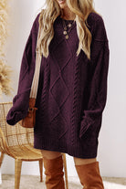 Burgundy Cable Knit Drop Shoulder Sweater Dress
