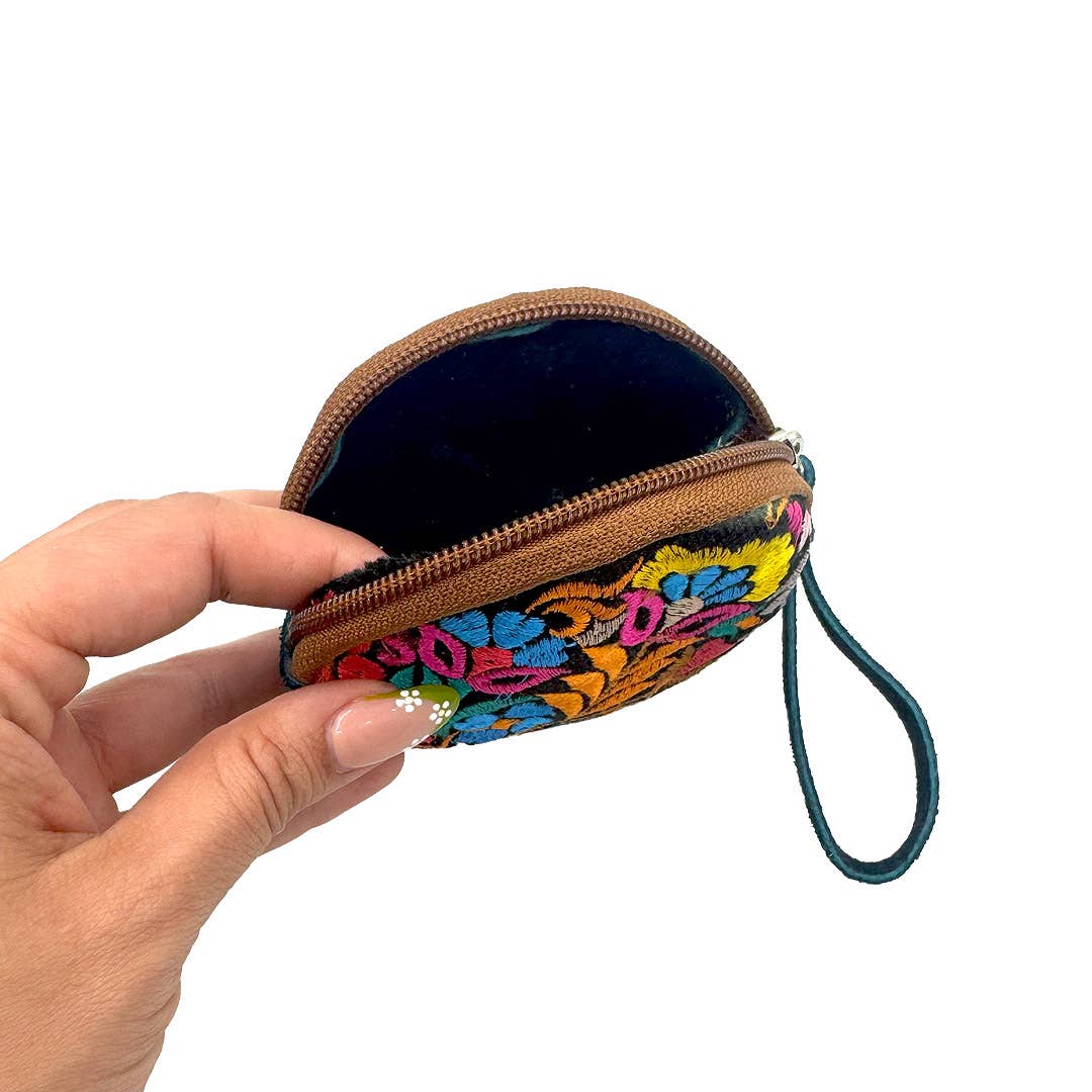 Round Embroidered Floral Leather "Bella" Coin Purse Pouch boho clothing, festival outfit, hippie style apparel | Elevated Hippie