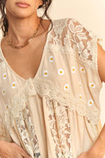 EMBROIDERY DAISY FLOWY DOLMAN KNIT TOP WITH LACE - The Elevated Hippie