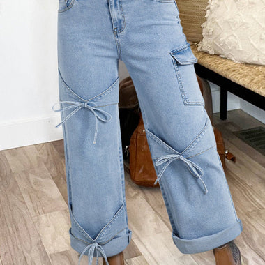 Beau Blue Bowknot Decor Boyfriend Cargo Jeans - The Elevated Hippie