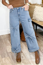 Beau Blue Bowknot Decor Boyfriend Cargo Jeans - The Elevated Hippie