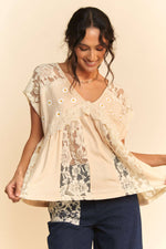 EMBROIDERY DAISY FLOWY DOLMAN KNIT TOP WITH LACE - The Elevated Hippie