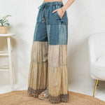 Boho Patchwork Denim Pants – Long Rayon Pants with Lace & Solid Patche - The Elevated Hippie