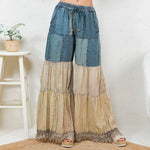Boho Patchwork Denim Pants – Long Rayon Pants with Lace & Solid Patche - The Elevated Hippie