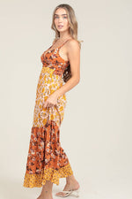 V-Neck Twist Front Cut-Out Patchwork Maxi Dress - The Elevated Hippie