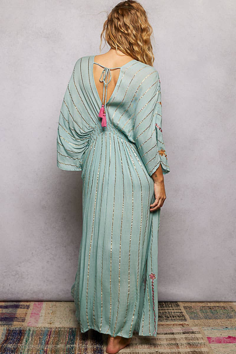 V-Neck Tassel Glint Embroidery Cotton Flowy Fit Maxi Dress boho clothing, festival outfit, hippie style apparel | Elevated Hippie