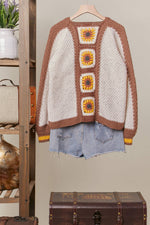 Color Block Sunflower Crochet V Neck Cardigan