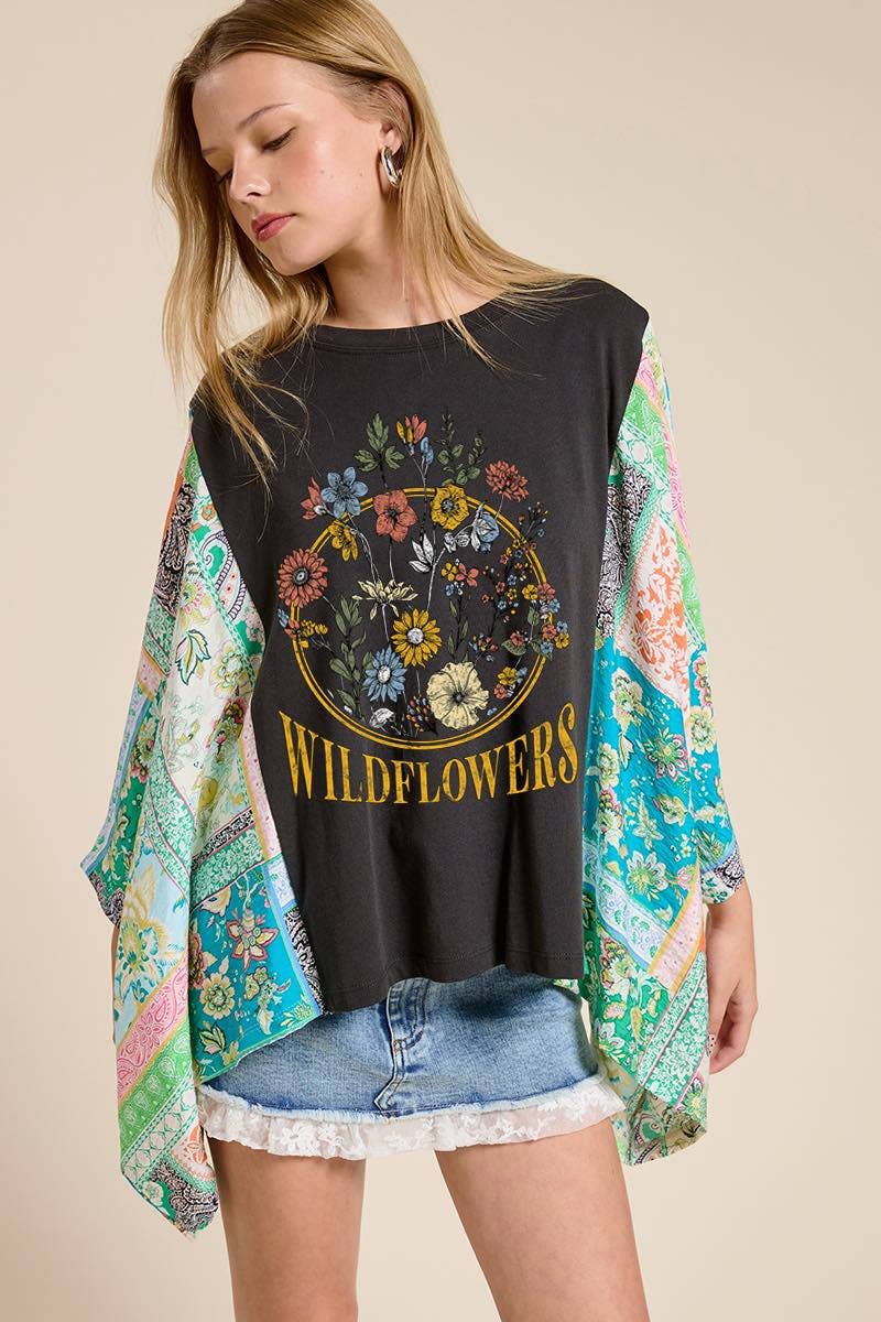 Zutter Wildflowers Vintage Graphic Rustic Sheer Sleeve Kaftan Top boho clothing, festival outfit, hippie style apparel | Elevated Hippie
