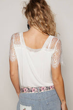 Boho Lace V-Neck Tee – Relaxed Fit Half Sleeve Top – Feminine Lace Detail – Easy Everyday Style – Multiple Sizes - The Elevated Hippie