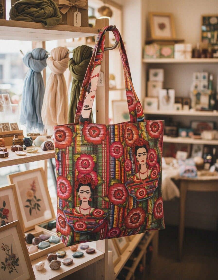 Boho Vintage-Inspired Frida Luxe Canvas Shoulder Tote Bag boho clothing, festival outfit, hippie style apparel | Elevated Hippie