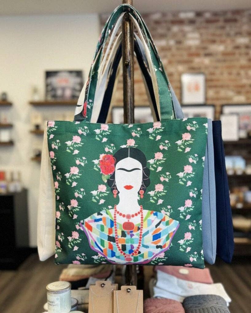 Boho Vintage-Inspired Green Frida Luxe Canvas Shoulder Tote Bag boho clothing, festival outfit, hippie style apparel | Elevated Hippie
