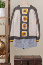 Color Block Sunflower Crochet V Neck Cardigan