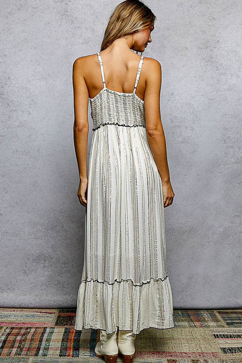 Deep V-Neck Tassel Ruffle Embroidered Trim Maxi Dress boho clothing, festival outfit, hippie style apparel | Elevated Hippie