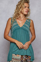 Sleeveless V-Neck Babydoll Lace Trim Knit Top boho clothing, festival outfit, hippie style apparel | Elevated Hippie