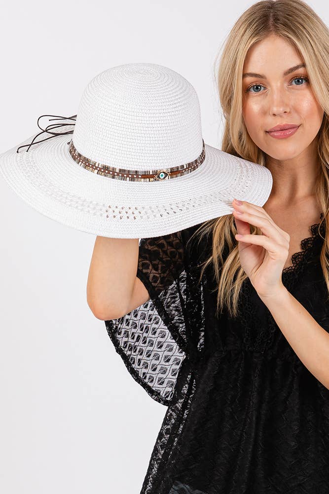 Evil Eye and Multi Design Band Wide Brim Straw Hat boho clothing, festival outfit, hippie style apparel | Elevated Hippie
