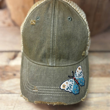 Butterfly Patch Distressed Snapback Mesh Cap