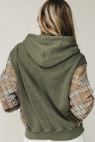 Plaid Sleeve Drawstring Hooded Sweatshirt - Moss Green