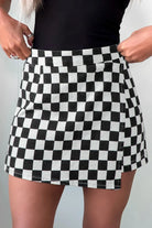 Black Checkered Print Overlap Denim Shorts boho clothing, festival outfit, hippie style apparel | Elevated Hippie
