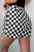 Black Checkered Print Overlap Denim Shorts boho clothing, festival outfit, hippie style apparel | Elevated Hippie
