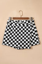 Black Checkered Print Overlap Denim Shorts boho clothing, festival outfit, hippie style apparel | Elevated Hippie