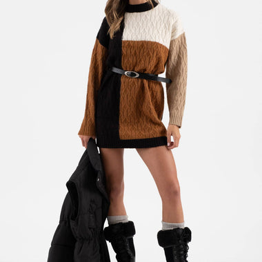 COLORBLOCK CREWNECK LONG SLEEVE KNIT SWEATER DRESS - The Elevated Hippie