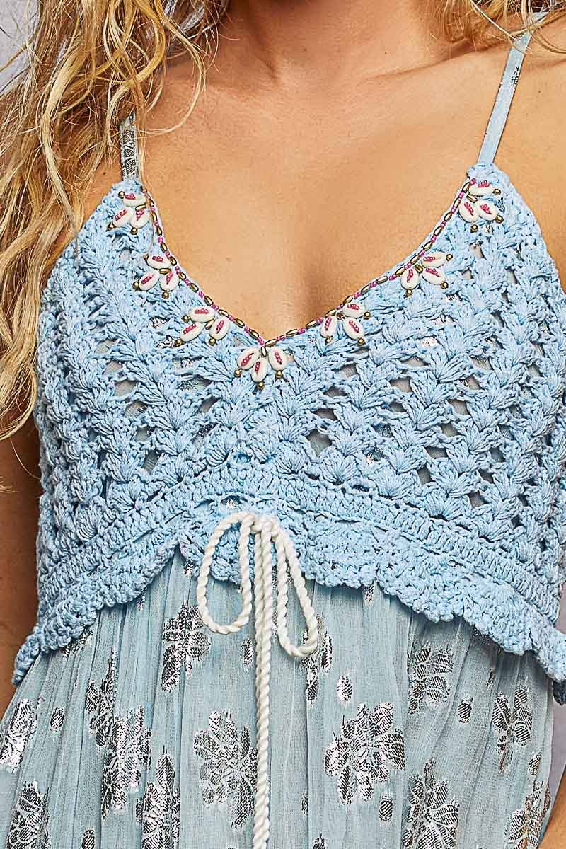 V-Neck Crochet Top Mirror Embroidery Tassel Viscose Dress boho clothing, festival outfit, hippie style apparel | Elevated Hippie