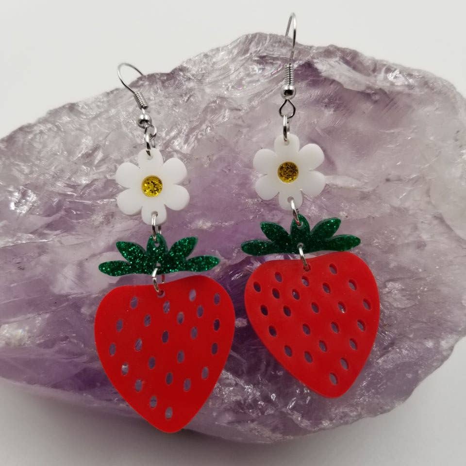 White Flower and Red Strawberry Earrings boho clothing, festival outfit, hippie style apparel | Elevated Hippie