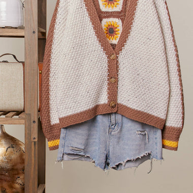 Color Block Sunflower Crochet V Neck Cardigan
