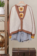 Color Block Sunflower Crochet V Neck Cardigan