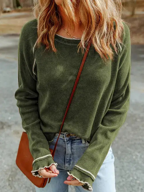 Lovesoft Textured Round Neck Long Sleeve Knit Top – Green boho clothing, festival outfit, hippie style apparel | Elevated Hippie