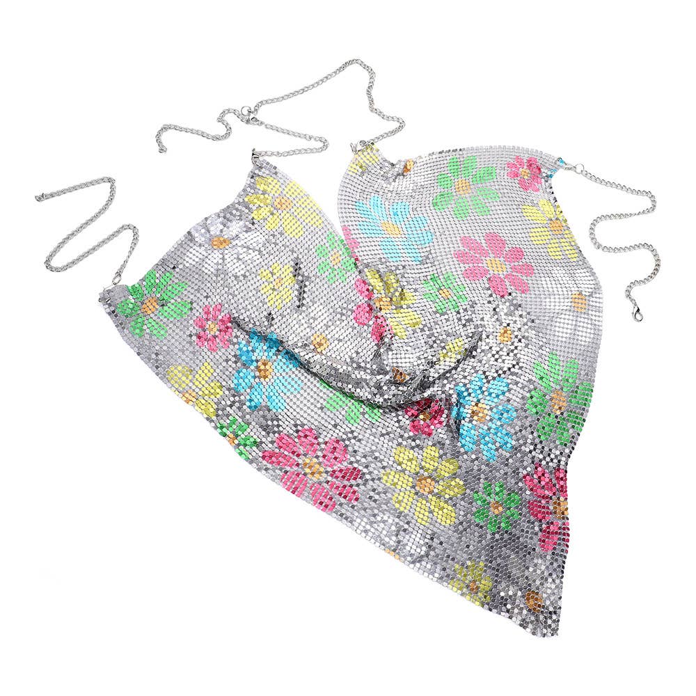 Flower Printed Metal Mesh Camisole Halter Top Body Chain Necklace boho clothing, festival outfit, hippie style apparel | Elevated Hippie