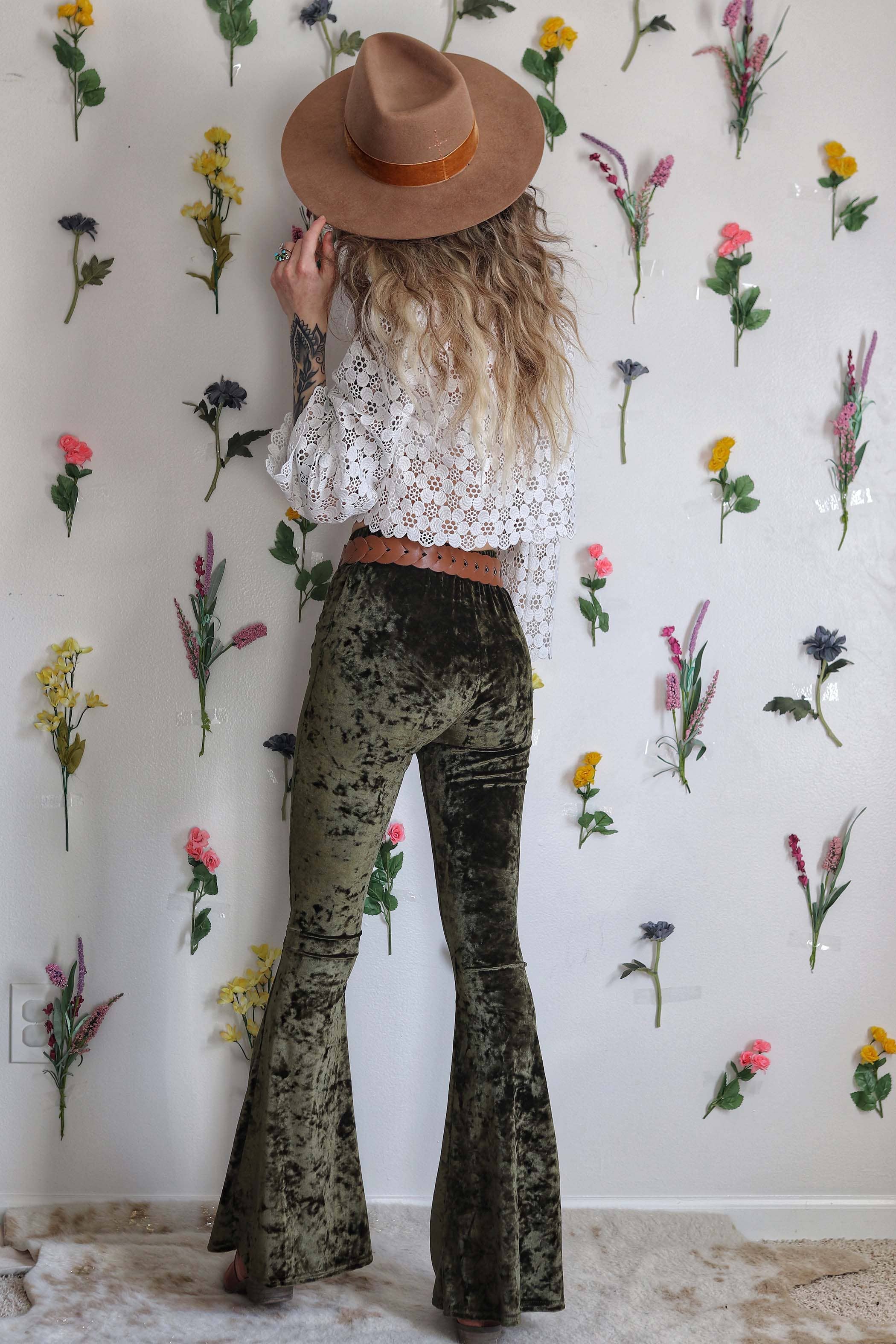Velvet Bell Bottoms - Olive - The Elevated Hippie