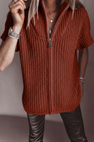 Cinnamon Short Sleeve Zip Knit High Neck Sweater