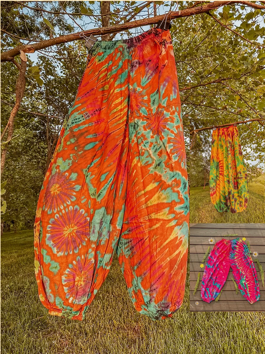 Flowy Hippie Tie Dye Pants Earthy + Colorful Baggy Yoga Pant boho clothing, festival outfit, hippie style apparel | Elevated Hippie