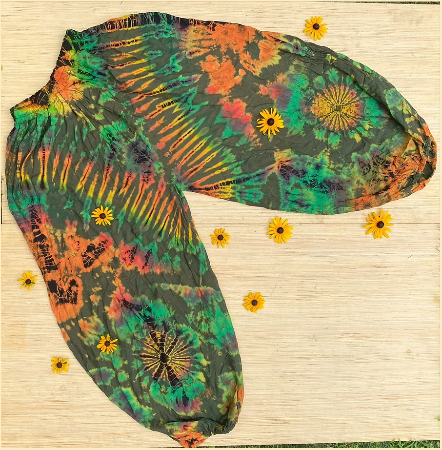 Flowy Hippie Tie Dye Pants Earthy + Colorful Baggy Yoga Pant boho clothing, festival outfit, hippie style apparel | Elevated Hippie