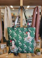 Boho Vintage-Inspired Green Frida Luxe Canvas Shoulder Tote Bag boho clothing, festival outfit, hippie style apparel | Elevated Hippie